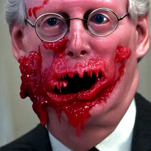 Image similar to the melting slimy face of villain mitch mcconnell flesh monster. horror film production photograph.