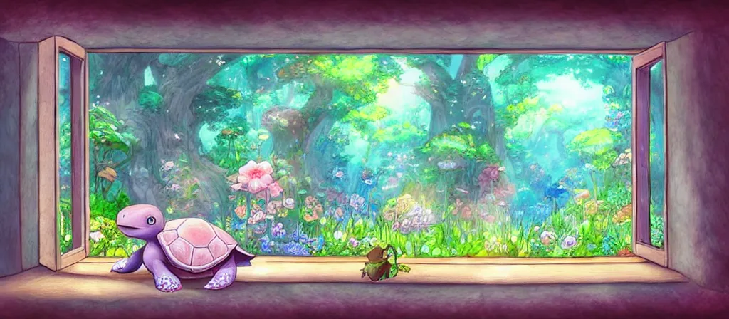 Image similar to cute adorable turtle in bed looking through a large window at a magical flower forest, digital art painting, studio ghibli, gorgeous atmosphere, highly detailed