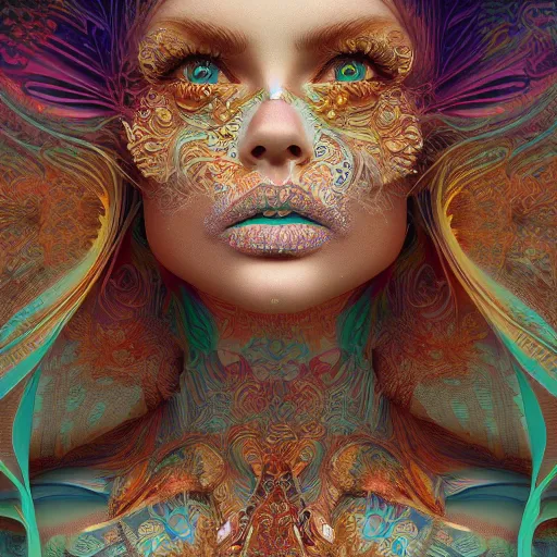 Prompt: wonderful princess of fractals and patterns, beautiful face, hyper detailed, background intricate and detailed, ornate 8 k gorgeous intricate detailed, octane render, psychedelic