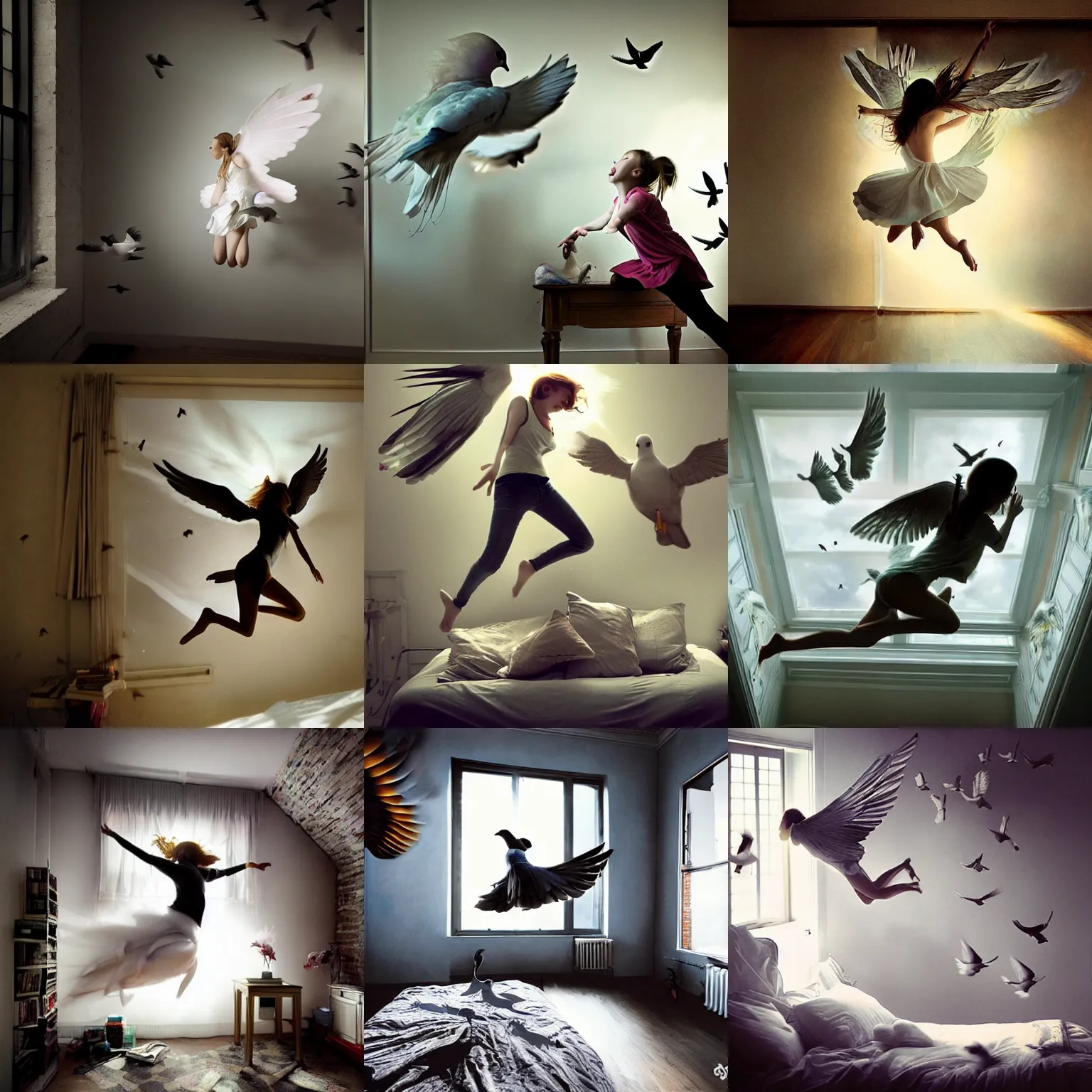 Prompt: winged girl jumping over her bed, big window, doves and birds, music, magical, posters on the wall, girl's room, high detail, jeremy geddes natural volumetric light