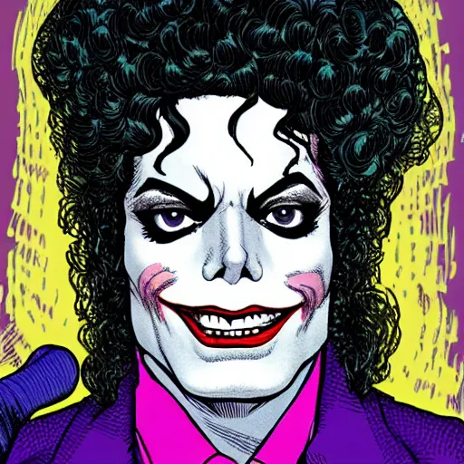 Image similar to dynamic macro head portrait of beautifu michael jackson as the joker in white sequined jacket by john romita sr and cory walker and ryan ottley and jack kirby and barry windsor - smith, comic, illustration, photo real