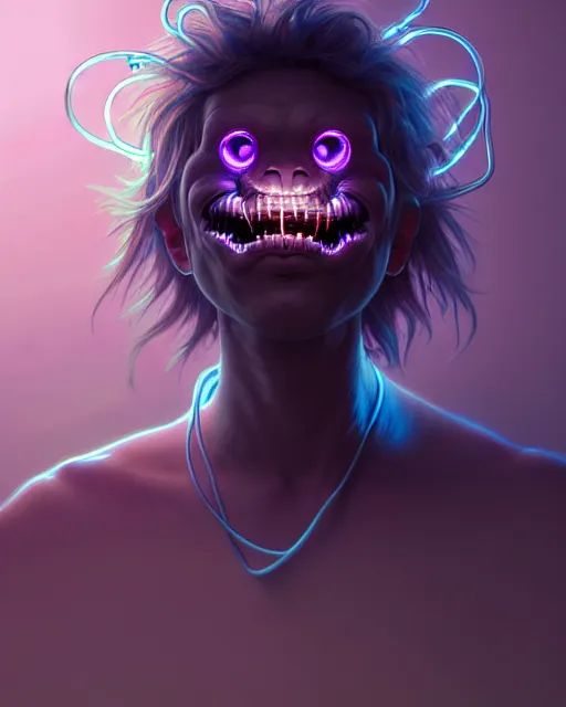 Image similar to portrait of a cute monster, male, bioluminescent, wires, horror, happy, highly detailed, digital painting, cinematic, hyperrealism, dark retrowave, art by stanley lau and artgerm and magali villeneuve and alphonse mucha, artstation, octane render, cgsociety