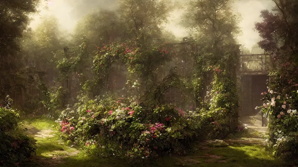 Image similar to the secret garden. the hidden garden. private garden. andreas achenbach, artgerm, mikko lagerstedt, zack snyder, tokujin yoshioka