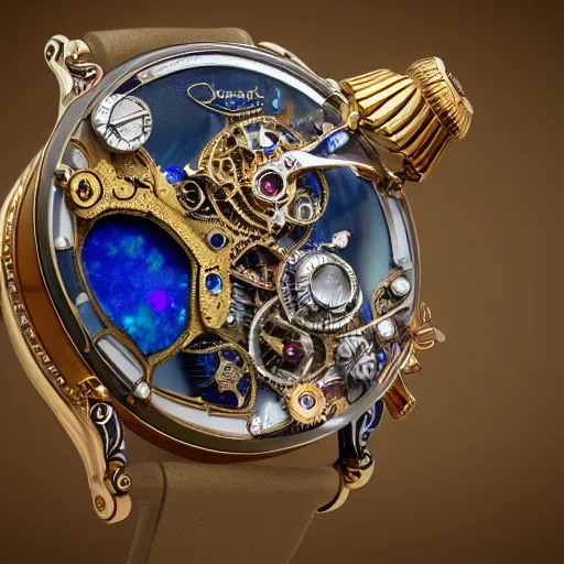 Prompt: a steampunk sleek, jewelled, Opal Loving Butterfly Automaton watch by Jaquet Droz, highly detailed illustration highlights, gold and silver highlights, neon blue highlights, macro photography, F/2.8, trending on artstation, octane render