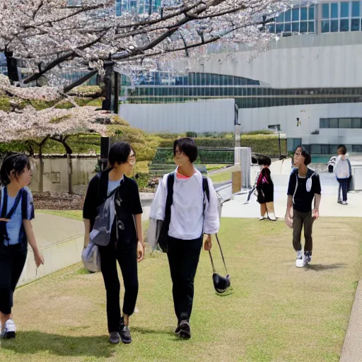 Image similar to Kanda University of International Studies students walking on campus on a sunny day in Makuhari Japan.