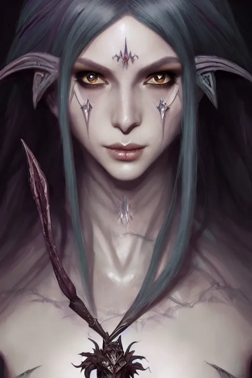 Image similar to dark elf princess, highly detailed, d & d, fantasy, highly detailed, digital painting, trending on artstation, concept art, sharp focus, illustration, art by artgerm and greg rutkowski and fuji choko and viktoria gavrilenko and hoang lap