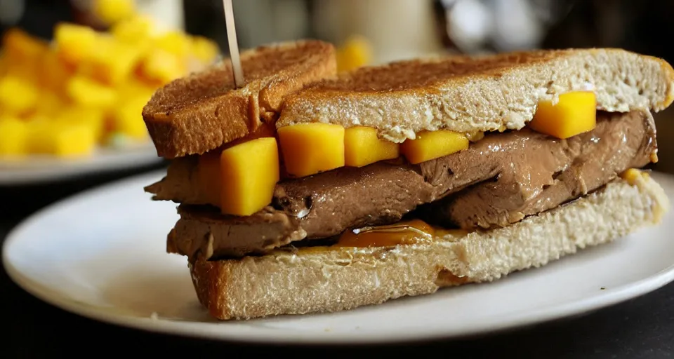 Image similar to foie gras sandwich with mango covered with huge amount of honey, bad, grainy and blurry amateur photo