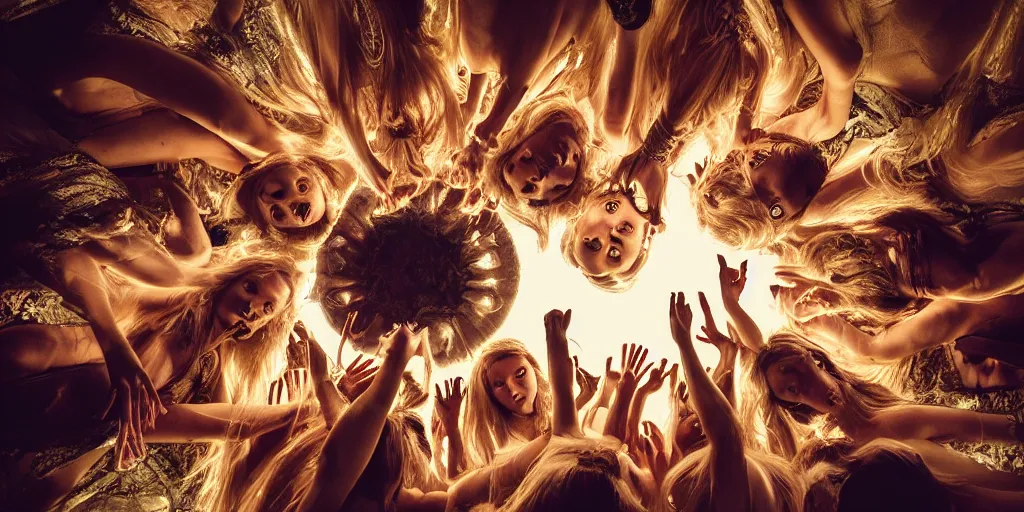 Image similar to love, groups of translucent people with long glowing hair, from below, rebirth, wide angle, cinematic atmosphere, elaborate, highly detailed, dramatic lighting