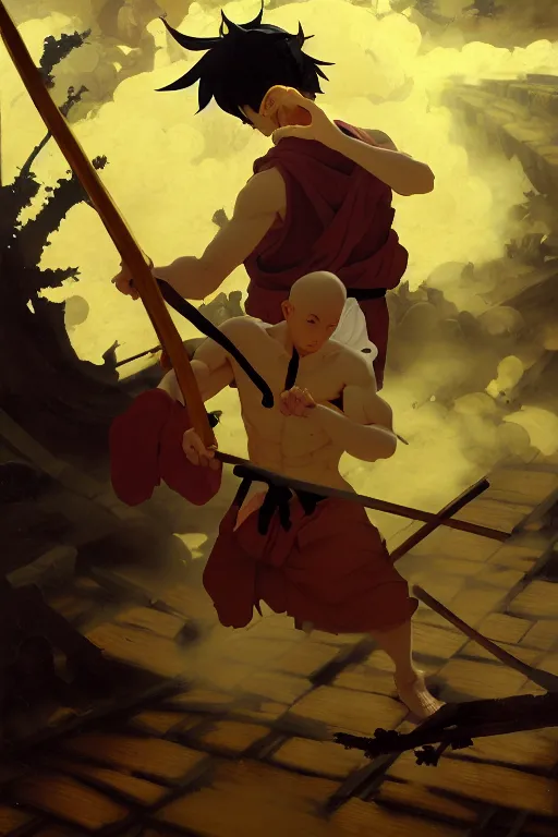 Image similar to baroque oil painting of key visual portrait concept art of anime monk fighting with a wood weapon in a dungeon, brutalist, dark fantasy, rule of thirds golden ratio, fake detail, trending pixiv fanbox, acrylic palette knife, style of makoto shinkai studio ghibli genshin impact jamie wyeth james gilleard greg rutkowski chiho aoshima