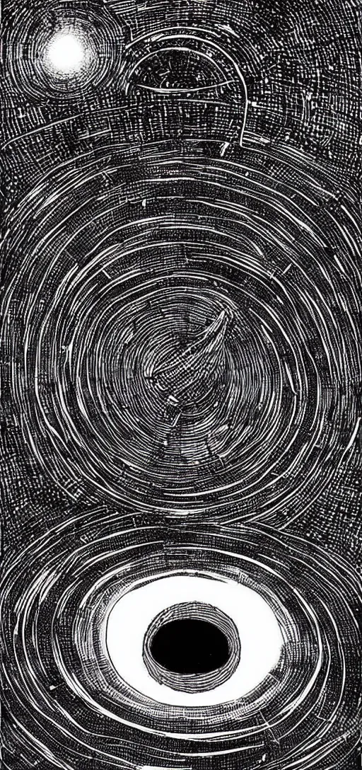 Prompt: A black hole with event horizon in the center with space around it, high detail, Junji Ito