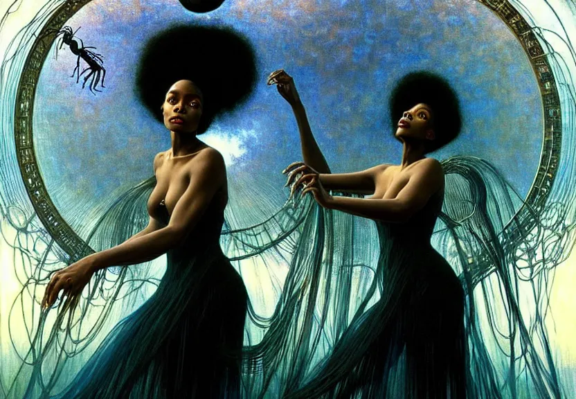 Image similar to realistic detailed portrait movie shot of a beautiful black woman in a transparent sheer dress raincoat dancing with a giant spider, futuristic sci fi landscape background by denis villeneuve, jean delville, monia merlo, ernst haeckel, alphonse mucha, max ernst, caravaggio, roger dean, sci fi necklace, masterpiece, dreamy, rich moody colours