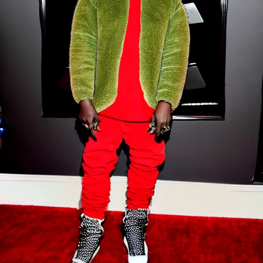 Prompt: kanye west at the grammys in an avocado suit, red carpet photo
