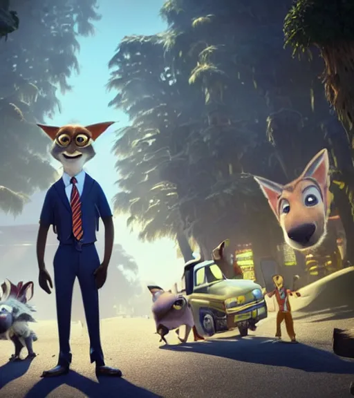 Prompt: promotional poster a film still from zootopia main character portrait anthro anthropomorphic wolf security guard head animal person fursona wearing suit and tie pixar disney dreamworks animation sharp rendered in unreal engine 5 octane key art by greg rutkowski bloom dramatic lighting modeling expert masterpiece render