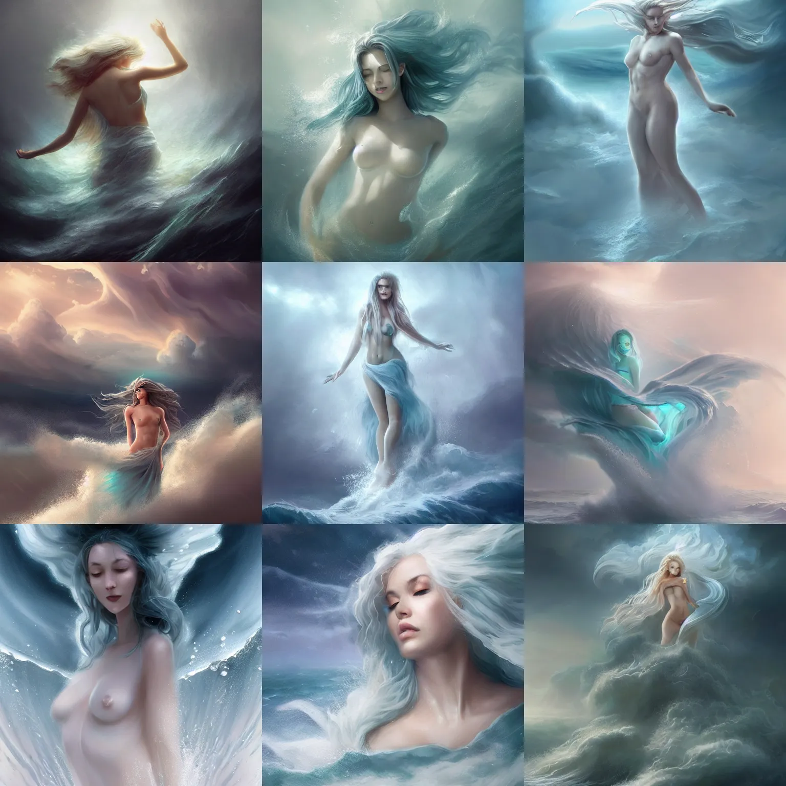 Prompt: a pale sea goddess forming from the spray and mist of a thunderous ocean storm, beautiful and joyful, digital matte painting, concept art, trending on artstation, artgerm, cgsociety, watercolor
