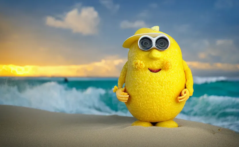 Image similar to 5 0 mm photograph, of a real anthropomorphic lemon character, with lemon skin texture, it is wearing a hat and scuba diving, building a sandcastle on the beach at sunset, beach, huge waves, sun, clouds, tropical trees, rim light, cinematic photography, professional, sand, sandcastle, volumetric lightening