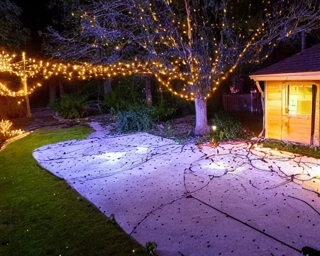 Image similar to a still photo of a backyard at night with fairy lights, house on the left side with wooden flooring, warm lighting