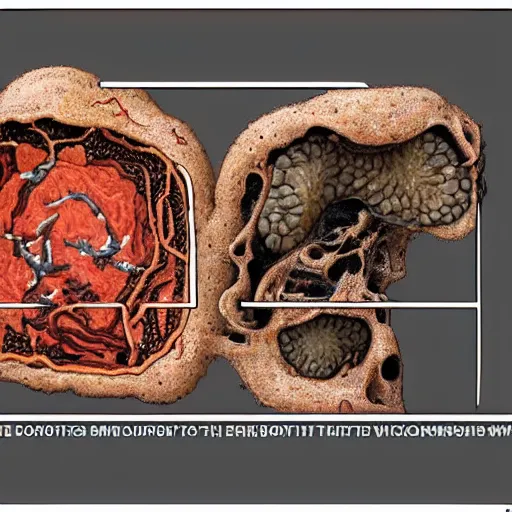 Image similar to the inside of a body in decomposition, the cells are breaching apart, micro world.