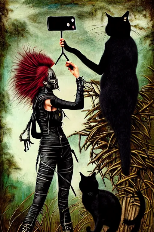 Image similar to punk rock girls making selfie with black cats in jungle , 1980 style, mad max jacket, post apocalyptic, renaissance, Gothic, highly detailed, digital painting, 4k, oil painting by Leonardo Da Vinci, hyper realistic style, fantasy by Olga Fedorova