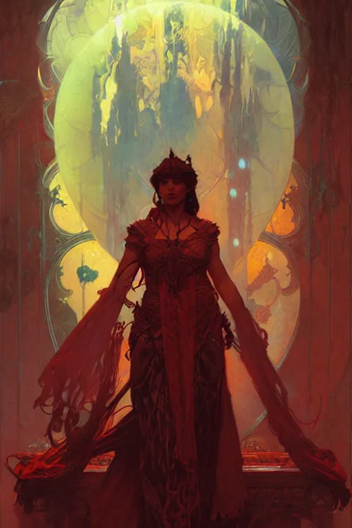 Image similar to scarlet moon sorcerer, character design, painting by gaston bussiere, craig mullins, greg rutkowski, alphonse mucha