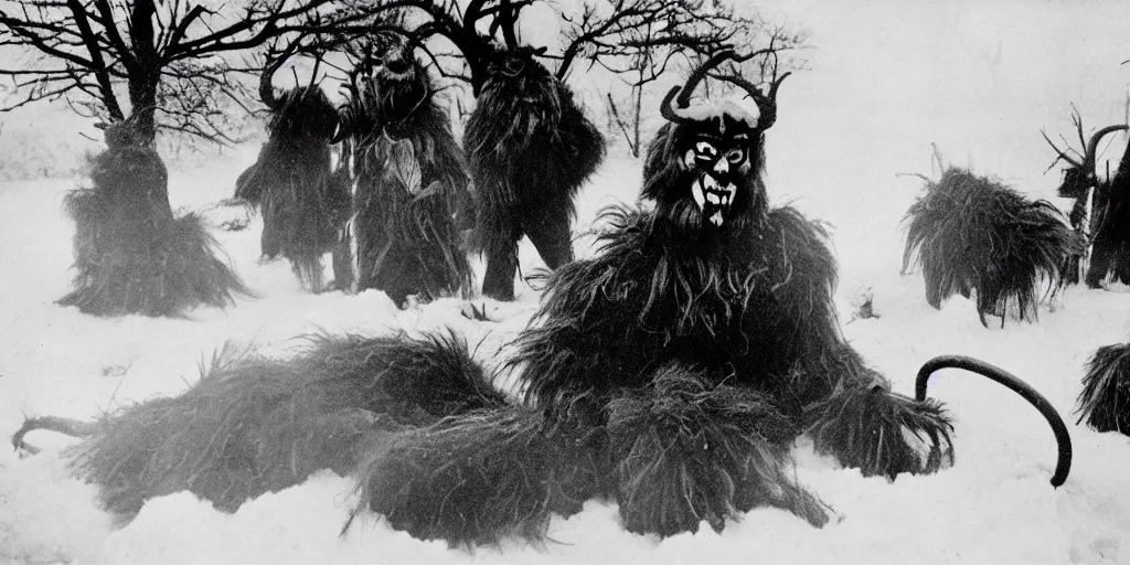 Prompt: 1 9 2 0 s photography of krampus hay monsters submerged in snow