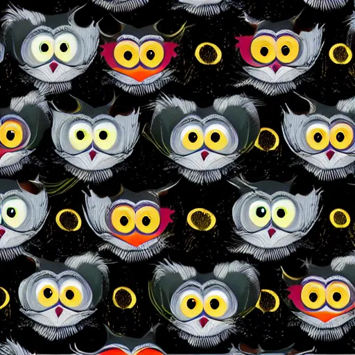 Image similar to gathering of feathered owls looking with big eyes in graphic design style