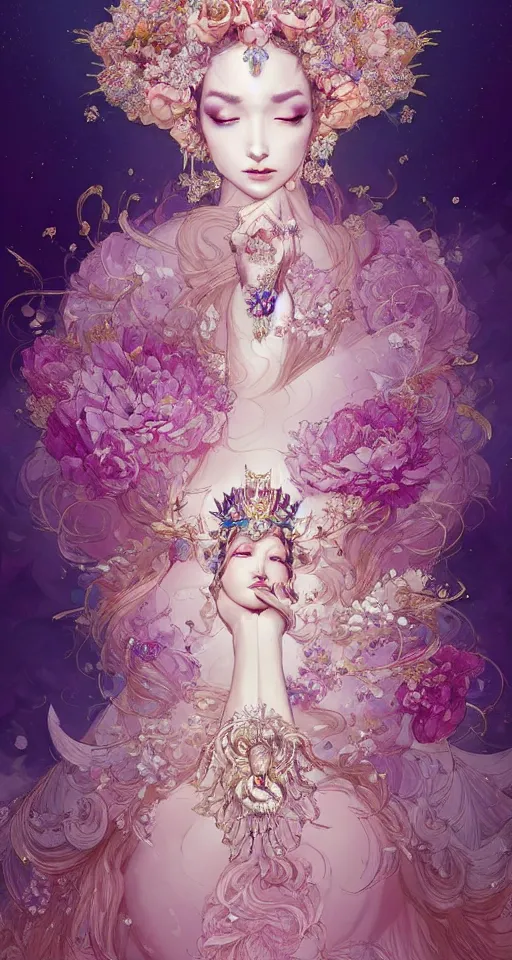 Image similar to A beautiful fantasy empress, highly detailed full body, breathtaking flower tiara, gorgeous aristocrat robe, beautiful figure, epic composition, ultra wide-shot, dynamic pose, concept art, beautifully lit, digital illustration, character design, ((sharp focus)), elegant, intricate, artstation, by WLOP and James Jean and Victo Ngai and Ryohei Hase