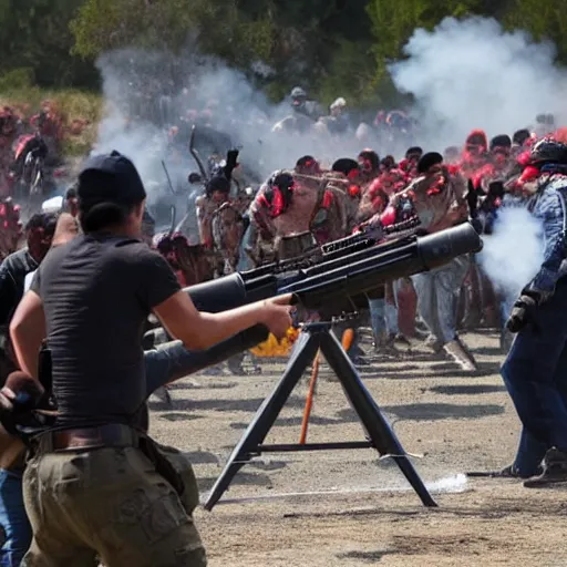 Image similar to Donald Trump firing a minigun at hundreds of zombified Mexicans attempting to cross the border