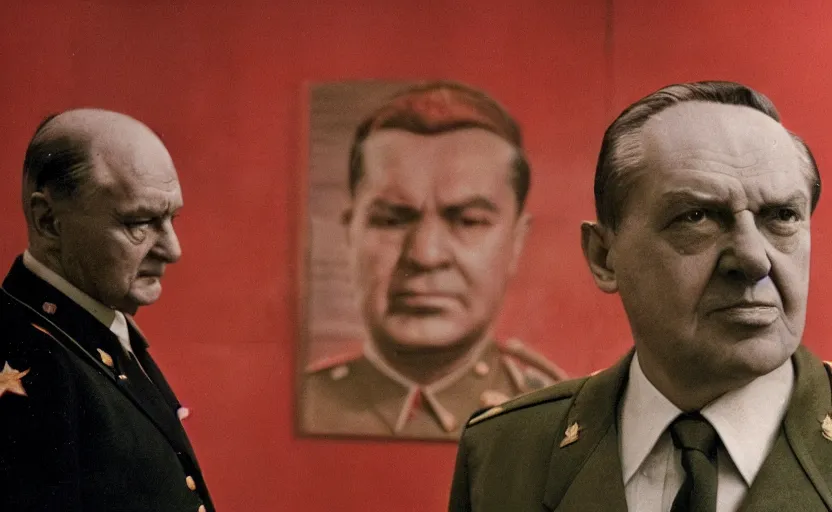 Prompt: 50s movie still close-up portrait of an elder soviet general standing in an giant stalinist style museum, by David Bailey, Cinestill 800t 50mm eastmancolor, heavy grainy picture, very detailed, high quality, 4k, HD criterion, precise texture and facial expression