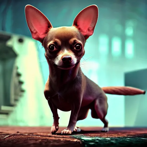 Prompt: humanoid chihuahua living in an extradimensional reality where it is a god, in the style of wlop, illustration, epic, fantasy, hyper detailed, smooth, unreal engine, sharp focus, ray tracing, physically based rendering, renderman, beautiful