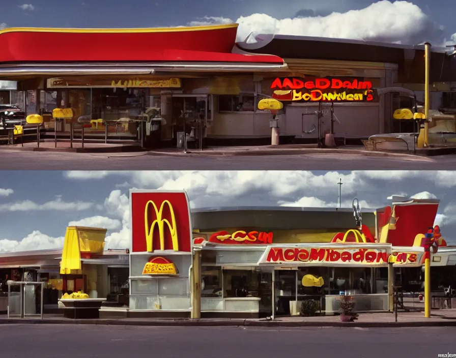 Image similar to !dream alien spacecraft attacking a McDonalds restaurant, 1982, photo real, daylight, vivid colors, Eastman EXR 50D 5245/7245