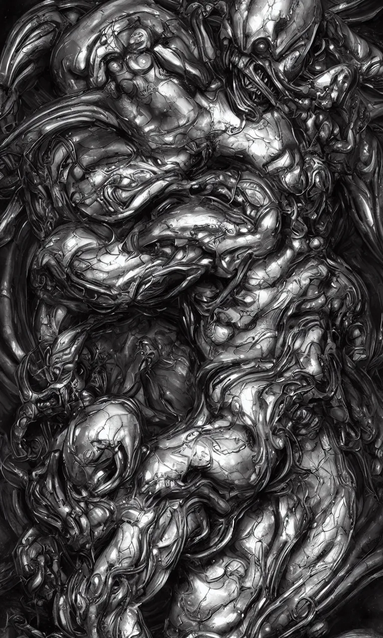 Image similar to engineer prometheus face by Artgerm, xenomorph alien, highly detailed, symmetrical long head, smooth marble surfaces, detailed ink illustration, raiden metal gear, cinematic smooth stone, deep aesthetic, concept art, post process, 4k, carved marble texture and silk cloth, latex skin, highly ornate intricate details, prometheus, evil, moody lighting, hr geiger, hayao miyazaki, indsutrial Steampunk