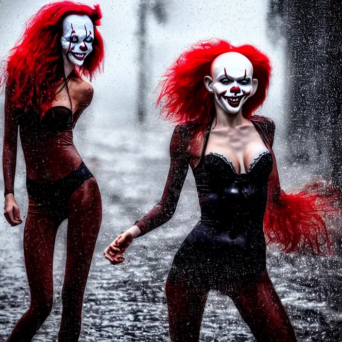 Image similar to fully body pose, photo of a very beautiful!! victoria secret model, pennywise, wet hair, raining, 8 k, hdr, smooth, sharp focus, high resolution, award - winning photo, trending on artstation, dslr, 5 0 mm
