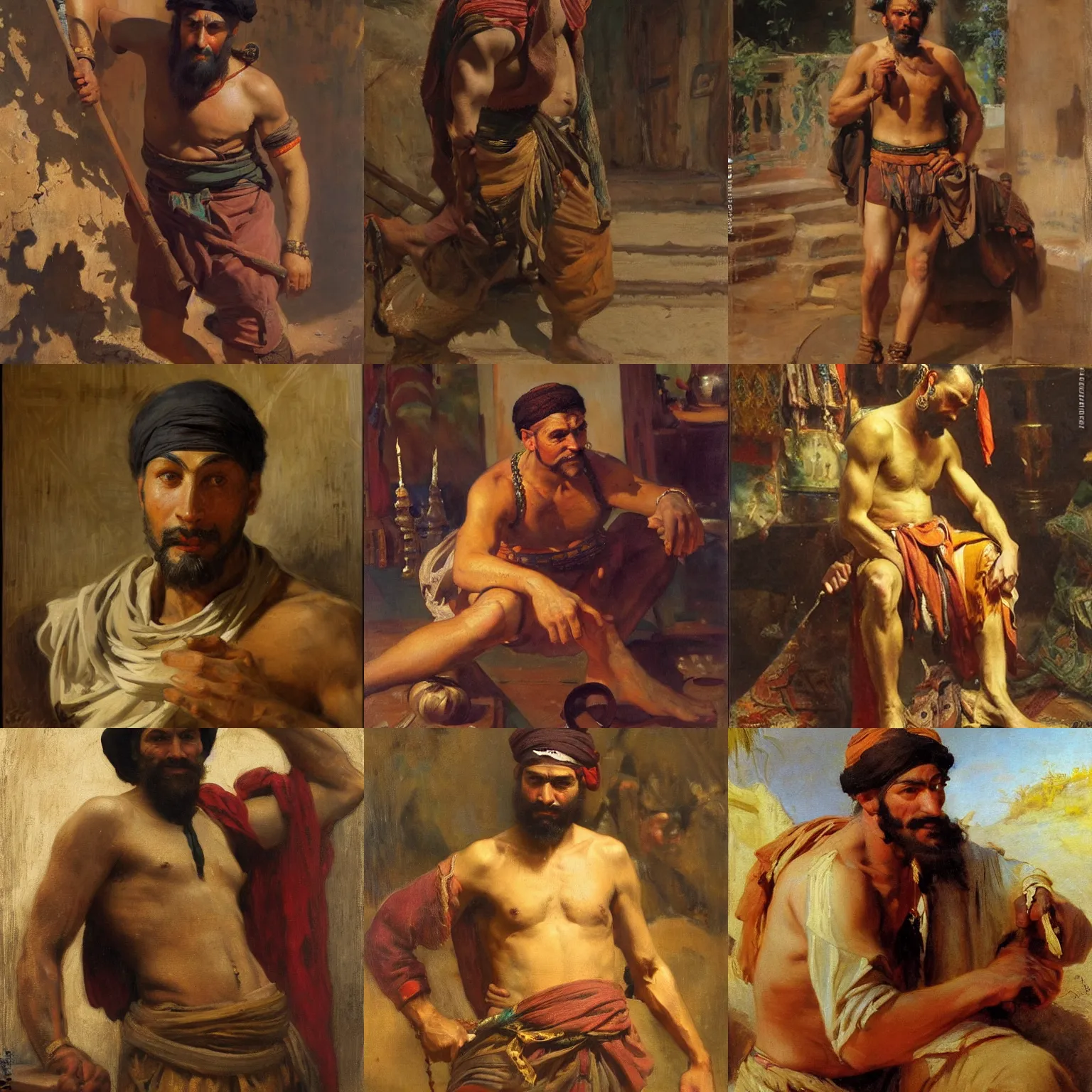Prompt: orientalism painting of a scrappy bronze age thief man by theodore ralli and nasreddine dinet and anders zorn and nikolay makovsky and edwin longsden long, oil on canvas, masterful intricate artwork, excellent lighting, high detail 8 k