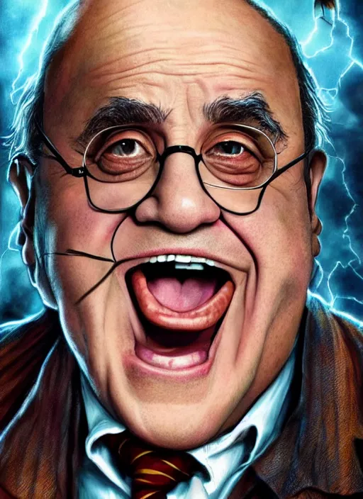 Prompt: Dramatic portrait photo of Danny Devito as Harry Potter, wizard, cracked castle in background, dramatic lighting, promotional image, concept art, smooth, sharp focus, art by artgerm