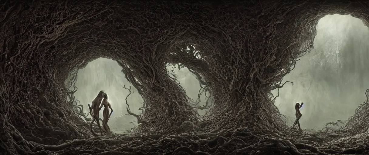 Prompt: Adam and Eve inside the brain, snake is surrounding them, beautiful dramatic moody lighting, cinematic atmosphere, high detail, 8k, ornate, dark fantasy, masterpiece, complex, film still from the movie directed by Denis Villeneuve with art direction by Zdzislaw Beksiński, Dan Mumford, Patiphan Sottiwilaiphong, Yintion J - Jiang Geping