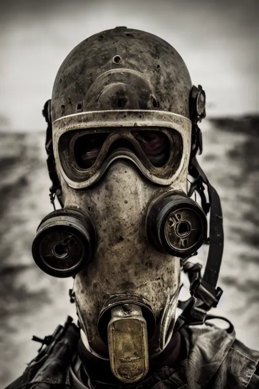 Prompt: an award winning portrait photo of a person wearing a gas mask and hard helmet, postapocalyptic, 4 k, high quality, sharp focus