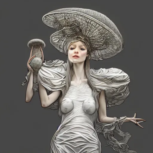 Image similar to a photograpic portrait of a anthropomorphic mushroom wearing white clothes, fantasy, intricate, elegant, highly detailed, digital painting, artstation, concept art, smooth, sharp focus, illustration, art by artgerm and H R Giger and alphonse mucha