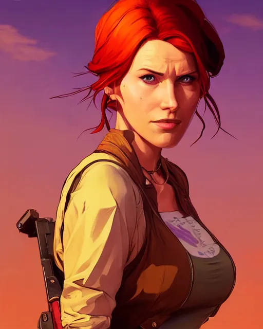 Image similar to portrait of triss merigold, gta san andreas cover art, borderlands style, celshading, trending on artstation, by rhads, andreas rocha, rossdraws, makoto shinkai, laurie greasley, lois van baarle, ilya kuvshinov and greg rutkowski