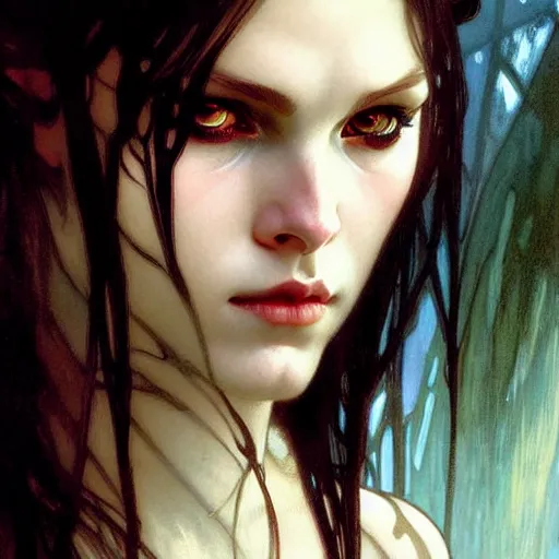 Image similar to Portrait of a pretty half-elf half-vampire young woman. Her hair has black strands and white strands. Her eyes have red irises and vertical pupils. Art by Greg Rutkowski and Alphonse Mucha