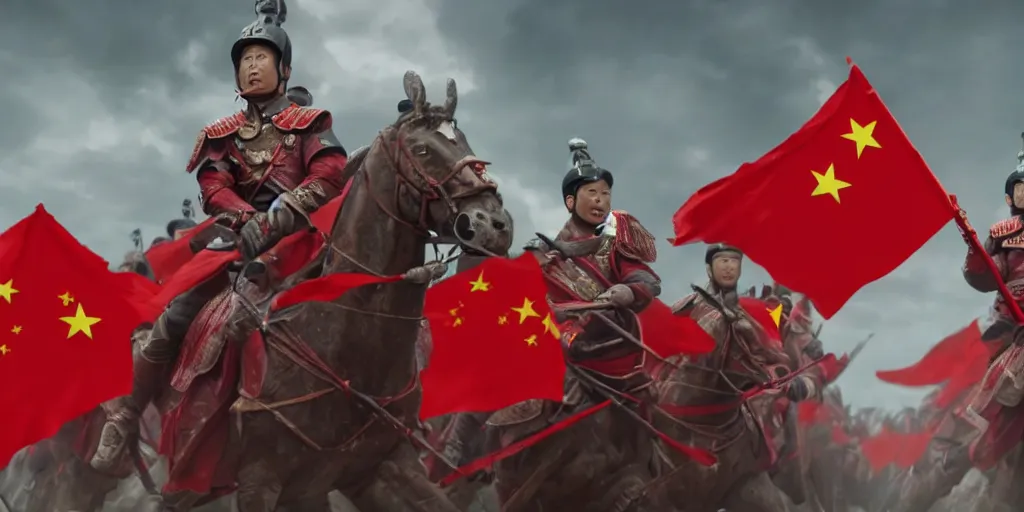 Image similar to mid shot cinematic artwork of a President Xi commanding an ancient Chinese army wearing red armor and holding red flags on the battlefield by greg rutowski, masterpiece, 4k