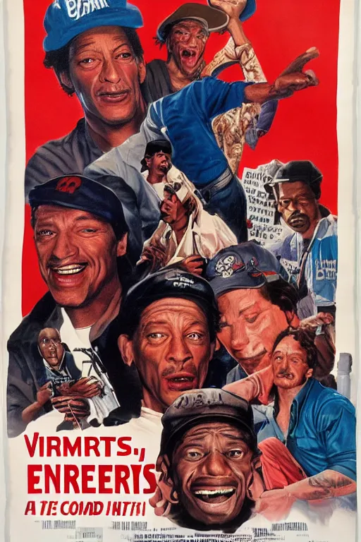 Image similar to vintage movie poster ernest goes to compton, jim varney, gangs, crips, bloods, 1 9 8 2, drew struzan inspiration