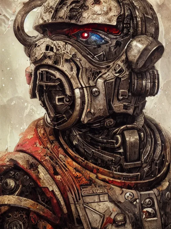 Prompt: art portrait of a space marine, decaying, rusting,8k,by tristan eaton,Stanley Artgermm,Tom Bagshaw,Greg Rutkowski,Carne Griffiths,trending on DeviantArt,face enhance,hyper detailed,minimalist,cybernetic, android, blade runner,full of colour,