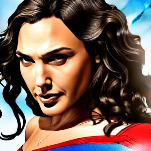 Image similar to an potrait of gal Gadot cast of movie man of steel and wearing a superman suit, photorealistic high detail, cinematic, high quality.