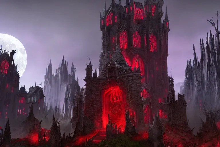 Image similar to big evil castle - city rock dark shadow elves, might and magic heroes vii, dark fantasy, shadows, artstation trending, unreal engine 5, red