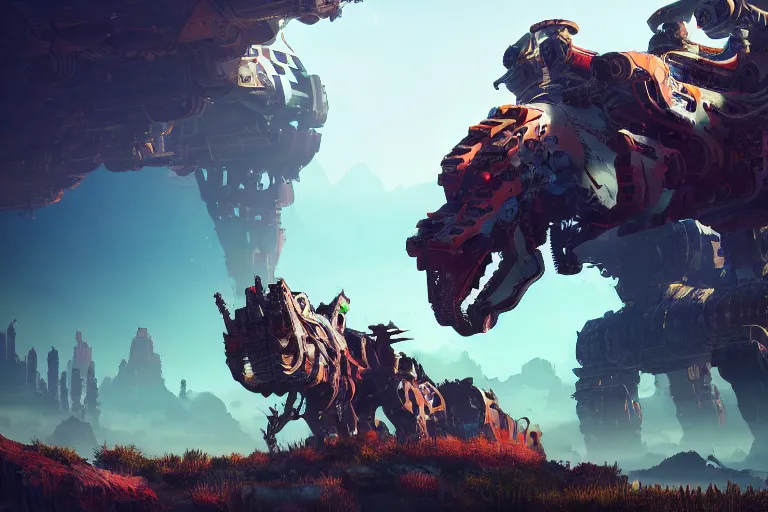 Image similar to behemoth machine mecanical creature robot of horizon forbidden west horizon zero dawn radiating a glowing aura global illumination ray tracing hdr fanart arstation by ian pesty and alena aenami artworks in 4 k