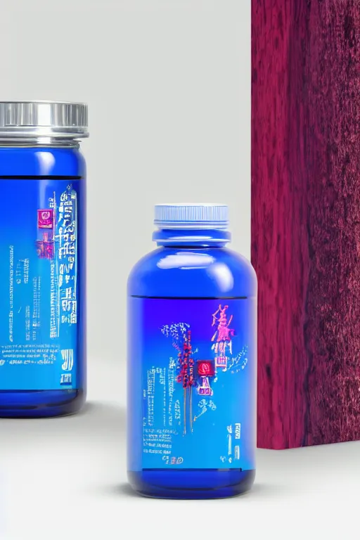 Image similar to art concept of a blue and magenta liquid dietary supplement in a transparent bottle designed like a racing tyre mixed with a an exotic woodboard, cold sober tones, style by huang guangjian