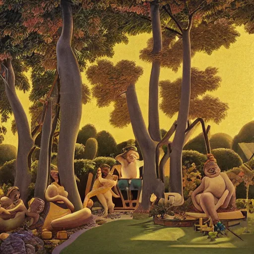 Image similar to Installation art, the warm, golden light of the sun casts a beautiful glow on the scene, and the gentle breeze ruffles the leaves of the trees. The figures in the installation art are engaged in a simple activity, the way they are positioned and the expressions on their faces suggest a deep connection. Peace and contentment, idyllic setting. mexican muralism by Maurice Sendak precise, churning