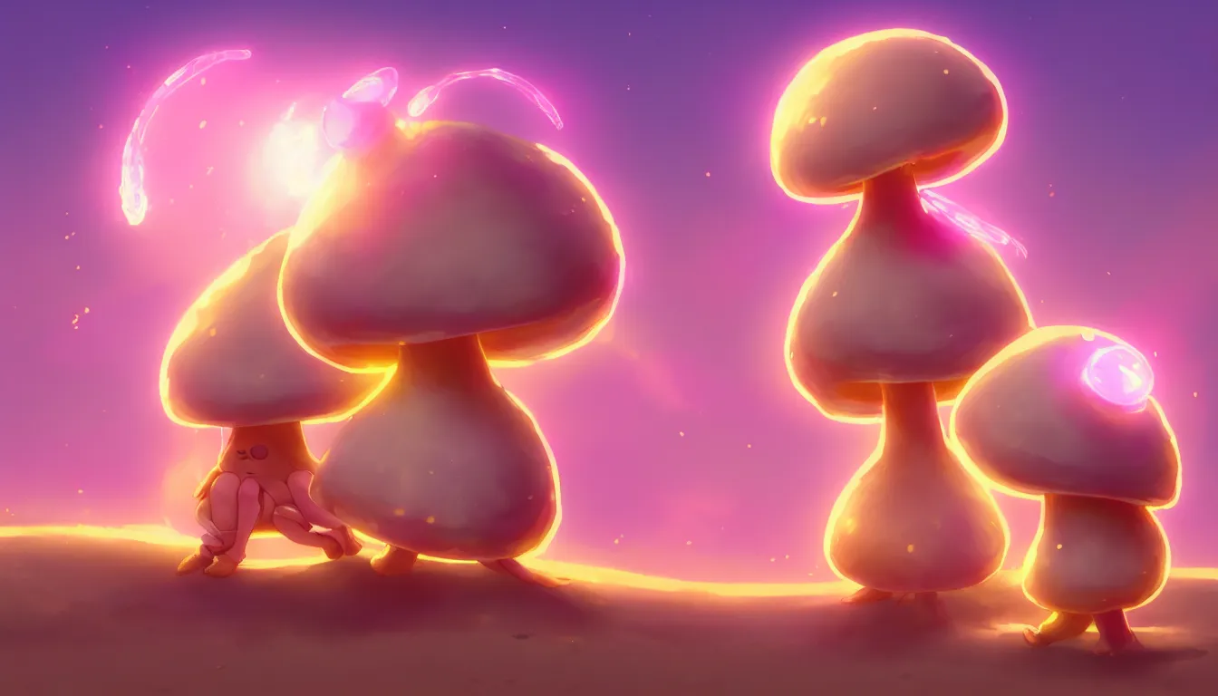 Image similar to concept art for a cute thicc humanoid mushroom creature, anime style, golden hour, lens flare, pastel pink glow, sitting on the beach | | epic - fine - clean, polished, trending on artstation, brush strokes