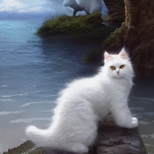 Image similar to white fluffy cat rising from the water. view from behind, wide angle view, back view. nuri iyem, james gurney, james jean, greg rutkowski. trending on artstation, starlight, and enchanted dreams