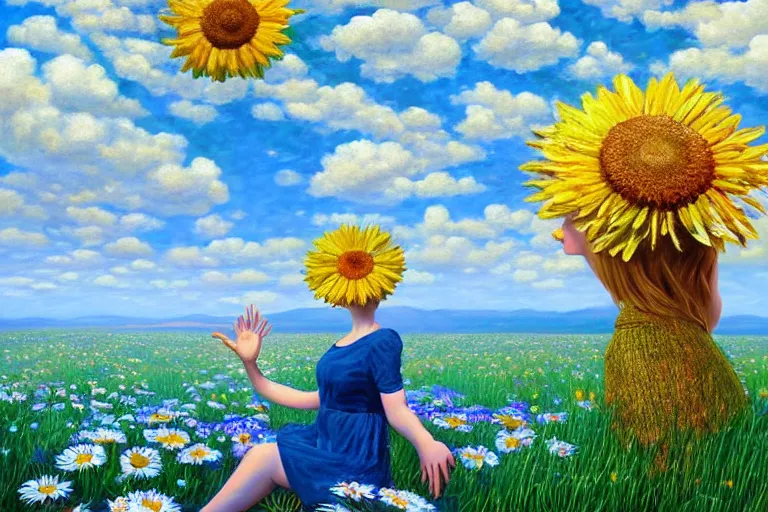 Image similar to giant daisy flower head, woman sitting, surreal, clouds in sky, impressionist painting, digital painting, artstation, rob gonsalves